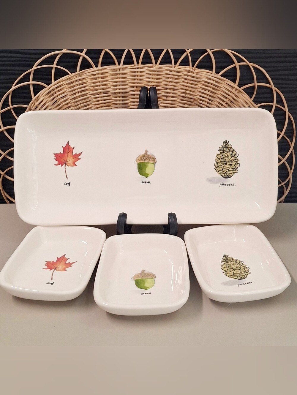 Rae Dunn Magenta 4 PC Serving Platter Appetizer Dish Nibbles Leaf/Acorn/Pinecone